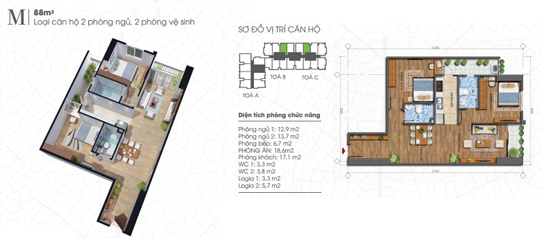 Mặt bằng thiết kế căn hộ 88m2